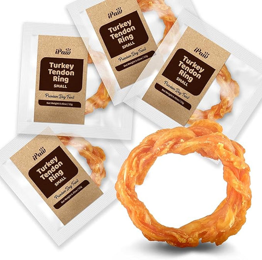 Turkey Tendons for Dogs, 100% Turkey and US Sourced Raw Material, Hypoallergenic, All Natural Human Grade Puppy Chew, Rawhide Alternative Dog Treats, 4 Units/Pack Ring (Small)
