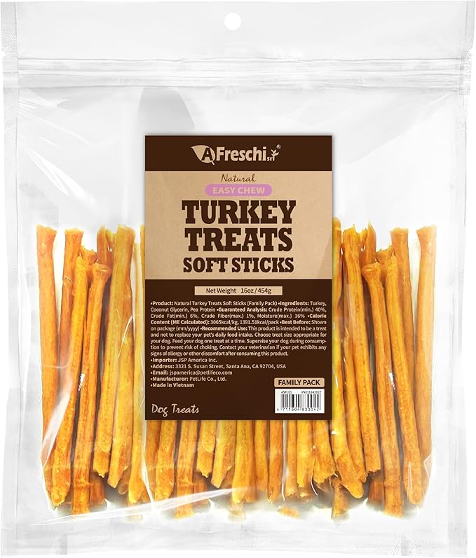 Afreschi Soft Turkey Stick Dog Treats – 16oz, USA-Sourced, All-Natural, Hypoallergenic, High-Protein, Low-Fat, Healthy & Easily Digestible, Puppy & Training Snack