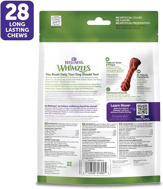 WHIMZEES Wellness Daily Brushzees Dog Dental Treats, Natural Chews, Extra Small Size Stick, (28 Count)