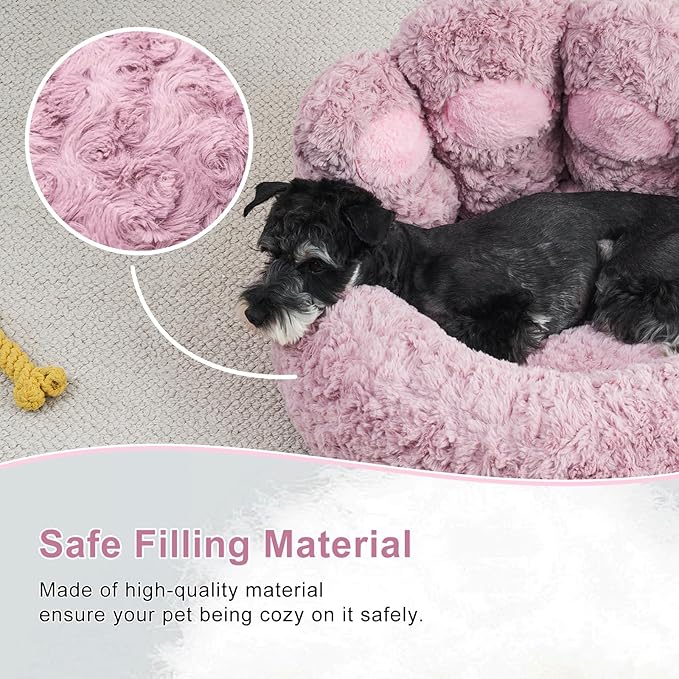 Jiupety Paw Shape Calming Pet Bed, Plush Faux Fur Donut Bed for Dogs & Cats, Machine Washable, Non-Slip Bottom, Large Size (26"×26"×8"), Purple
