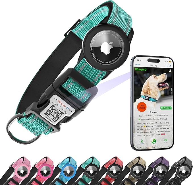 Dog Collar with QR Code, Reflective Dog Collar, Soft Neoprene Padded & Safety Locking Buckle Adjustable Pet Collar (Teal, XS-with Airtag Holder)
