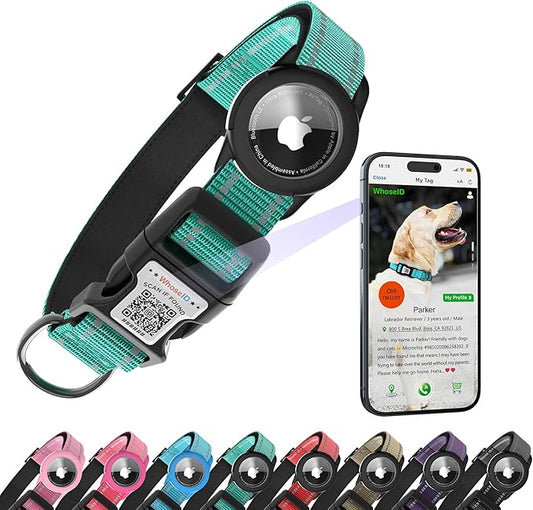 Dog Collar with QR Code, Reflective Dog Collar, Soft Neoprene Padded & Safety Locking Buckle Adjustable Pet Collar (Teal, XS-with Airtag Holder)