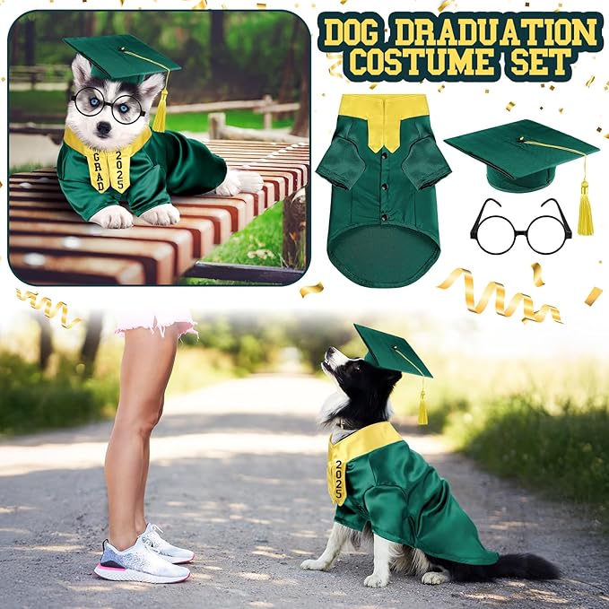 5 Pcs Dog Graduation Costume Set Include 2025 Pet Graduation Gown with Stole Puppy Grad Cap Lensless Glasses DIY Letter Stickers for Dogs Cats Holiday Costume Accessory(Green Yellow,XL)
