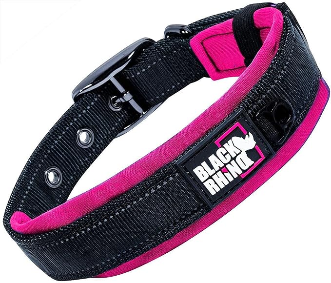 Black Rhino - The Comfort Collar Ultra Soft Neoprene Padded Dog Collar for All Breeds - Heavy Duty Adjustable Reflective Weatherproof (Large, Pink/Black)