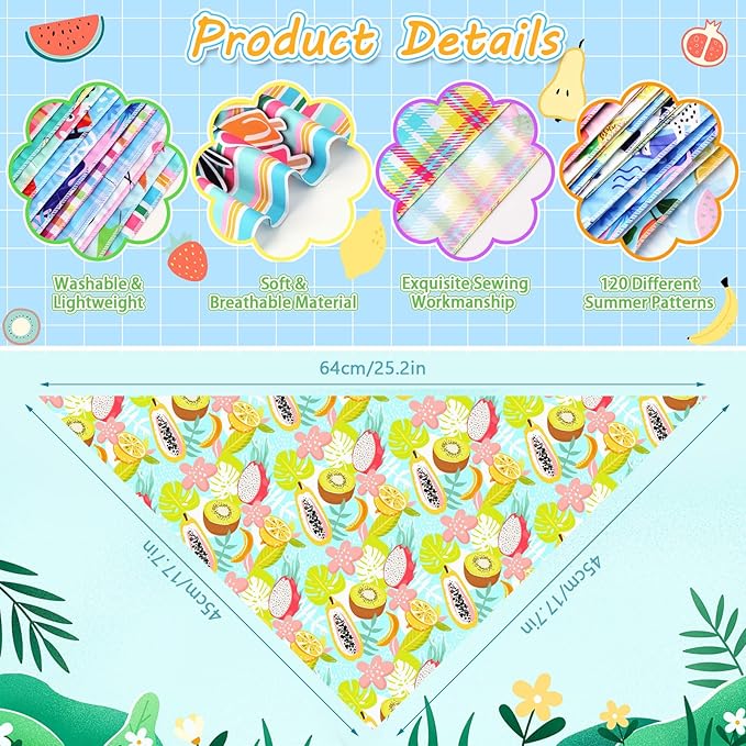 120Pcs Spring Summer Dog Bandanas Bulk Hawaiian Dog Scarves Fruit Triangle Puppy Bandanas Washable Adjustable Pet Bandana for Small Medium Large Dog Puppy Pet Grooming Accessories