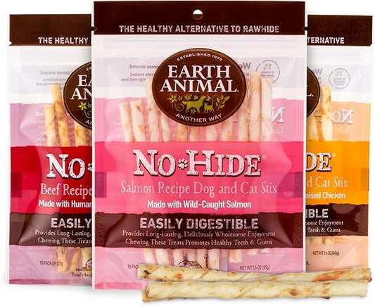 Earth Animal No-Hide Stix Beef, Chicken and Salmon Flavored Natural Rawhide Free Dog Chews Long Lasting Dog Chews Sticks (10 Count Pack of 3)