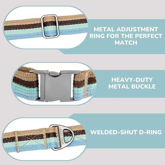 ADITYNA Cotton Dog Collar with AirTag Holder - Heavy-Duty Metal Buckle, Breathable, Easy Adjustable for Medium & Large Breeds - for Walking, Training (Ocean Breeze, Fits 15-21" Necks)