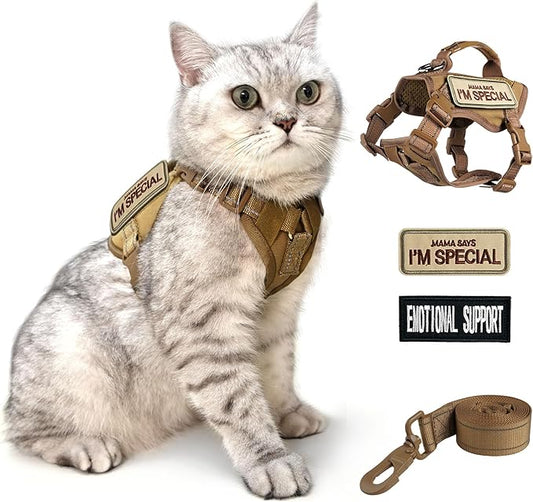 Tactical Cat Harness and Leash Khaki for Walking Esacpe Proof, Adjustable Soft Mesh Large Cat Vest with Handle Easy to Control,Molle Patches L
