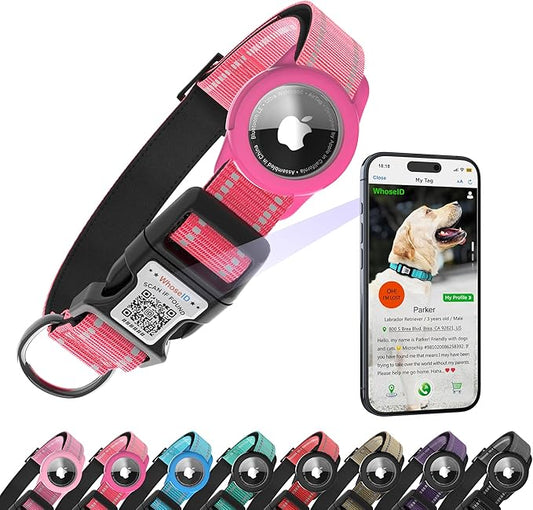 Dog Collar with QR Code, Reflective Dog Collar, Soft Neoprene Padded & Safety Locking Buckle Adjustable Pet Collar (Rose, XS-with Airtag Holder)