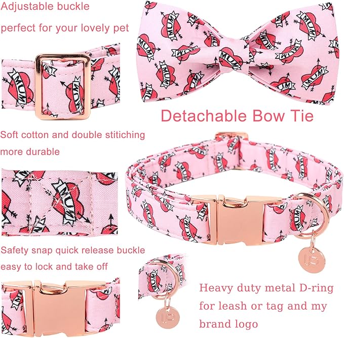 Mother’s Dog Collar with Bow Tie, Cute Cotton Girl Dog Collar, Adorable Pink Bowtie Collar for X-Large Girl Dog, Female Dog Collar with Metal Buckle, XL
