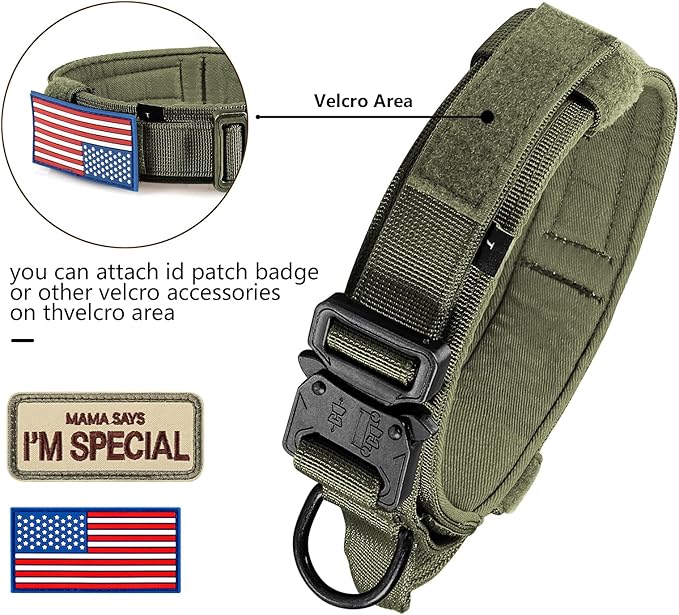DAGANXI Tactical Dog Collar, Adjustable Military Training Nylon Dog Collar with Control Handle and Heavy Metal Buckle for Medium and Large Dogs, with Patches and Airtags Case (XL, Green)