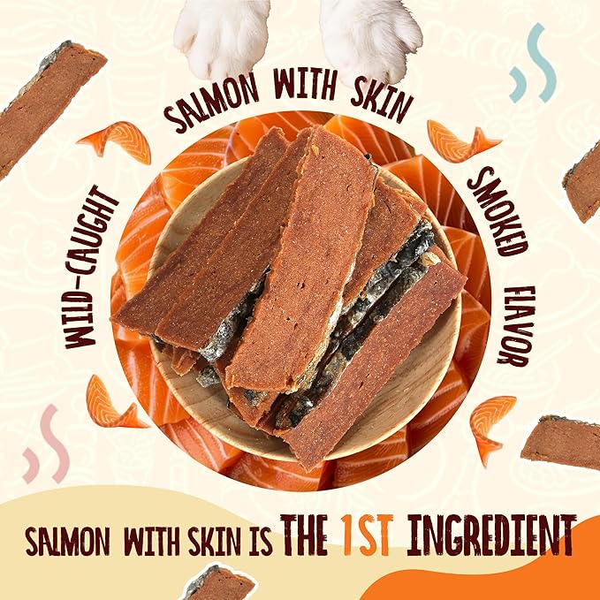 Salmon Fillet Dog Treats, Salmon Jerky with Fish Skin, Healthy High Protein Snacks, Natural Omega 3-6, Low in Fat with Taurine,12.5oz (Smoked Flavor)