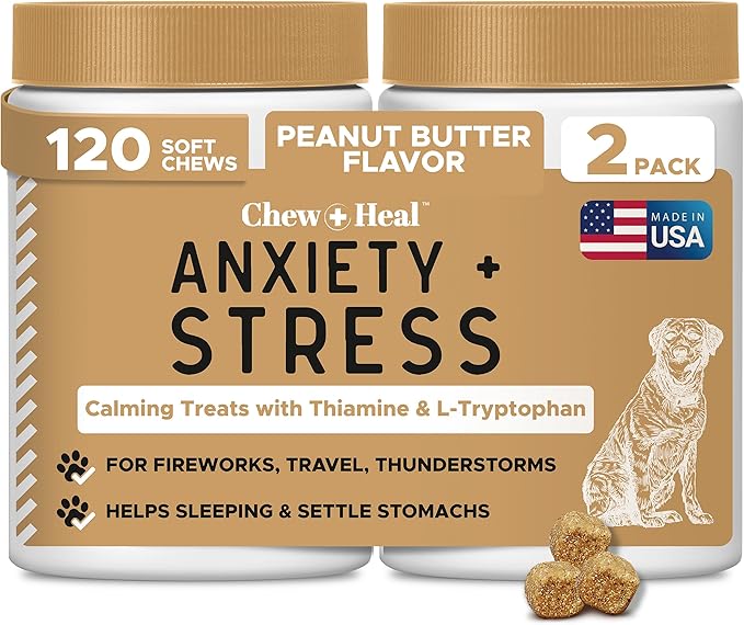 Calming Chews for Dogs - 120 Anxiety Relief Treats for Fireworks, Thunder, and Storms - Peanut Butter Flavor - Natural Dog Calming Treats with Thiamine, L-Tryptophan, Ginger, and Melatonin