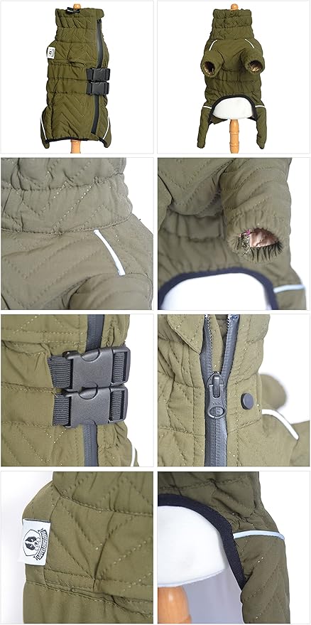 Warm Dog Coat Double Layers Dog Vest, 4 Legs Covered Windproof Waterproof Reflective Warm Dog Vest Outdoor Skating Dog Costume for Small Medium Large Dogs Olive XXL