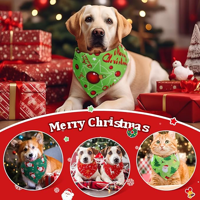 Preboun 50 Pcs Christmas Bandanas Bulk Xmas Dog Accessories Green and Red for Puppy to Large Dog Costume (25.6 x17.7 x 17.7 Inch)