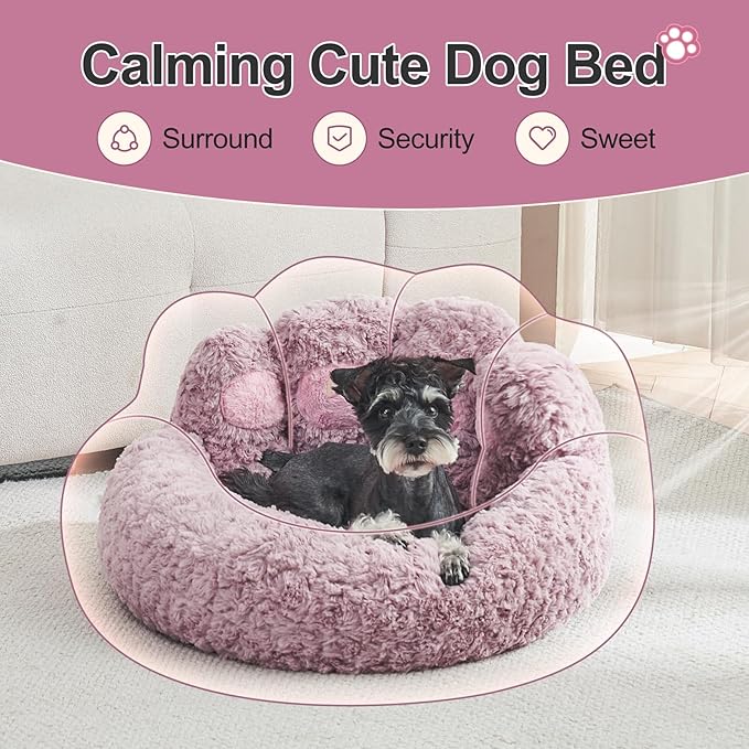 Jiupety Paw Shape Calming Pet Bed, Plush Faux Fur Donut Bed for Dogs & Cats, Machine Washable, Non-Slip Bottom, Large Size (26"×26"×8"), Purple