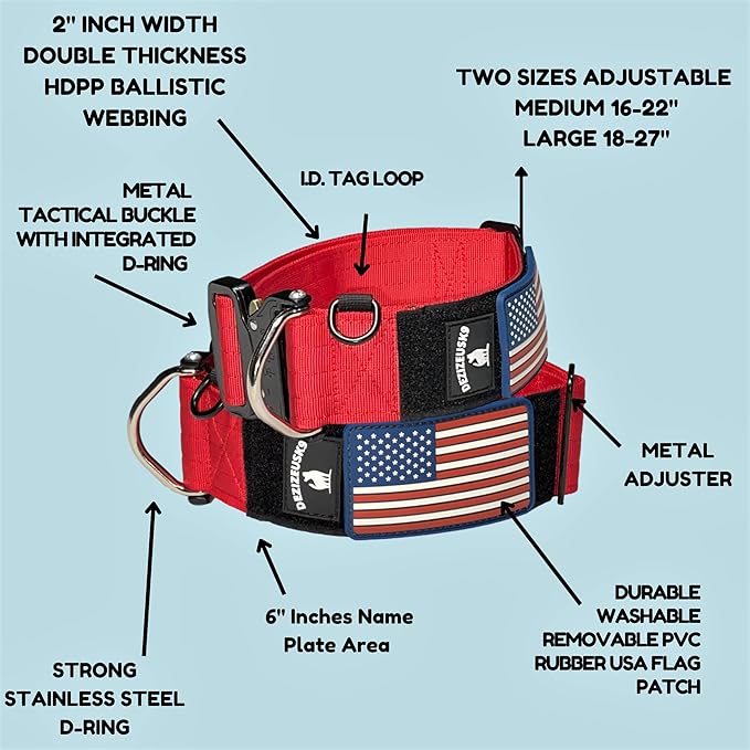 Tactical Dog Collar 2 Inch Wide Thick Heavy Duty Military Style with Metal Buckle, Adjustable for Medium - Large Breeds, Durable K9 Training Gear with Patch Area, USA Flag Patch, Strong and Secure Fit