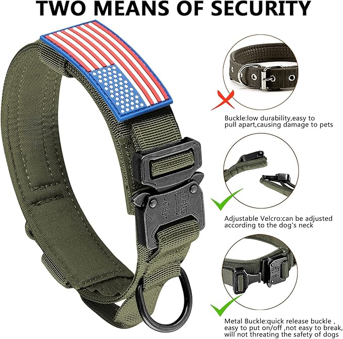 DAGANXI Tactical Dog Collar, Adjustable Military Training Nylon Dog Collar with Control Handle and Heavy Metal Buckle for Medium and Large Dogs, with Patches and Airtags Case (M, Green)