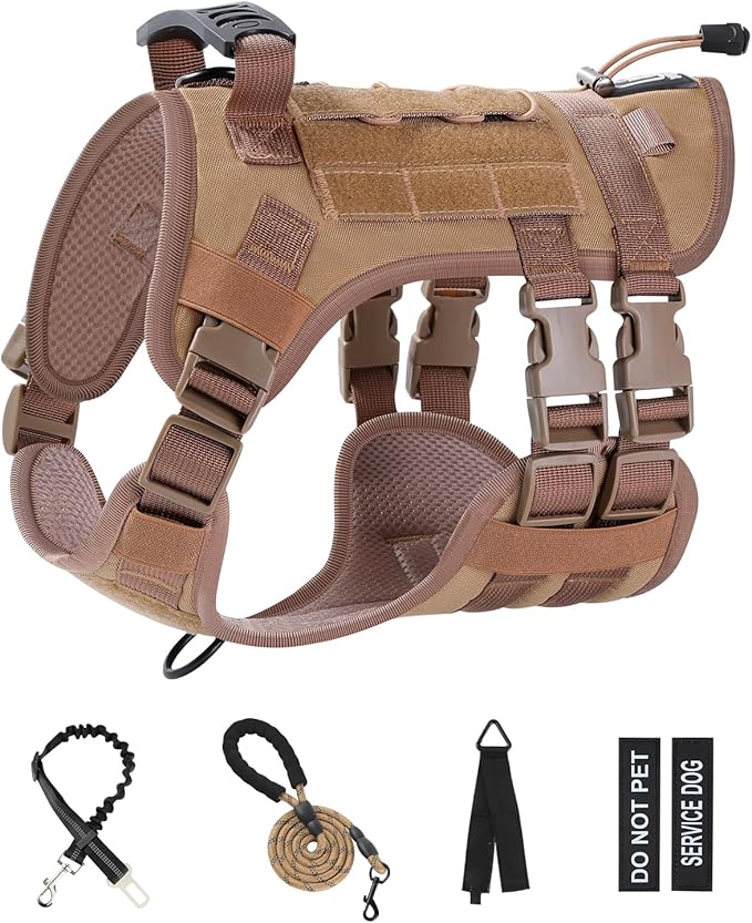No Pull Tactical Dog Harness for Large Dogs, Escape Proof Molle Dog Vest Harness and Leash Set, Adjustable Military Service Dog Harness with Handle for Medium Large Dogs(Brown,L)