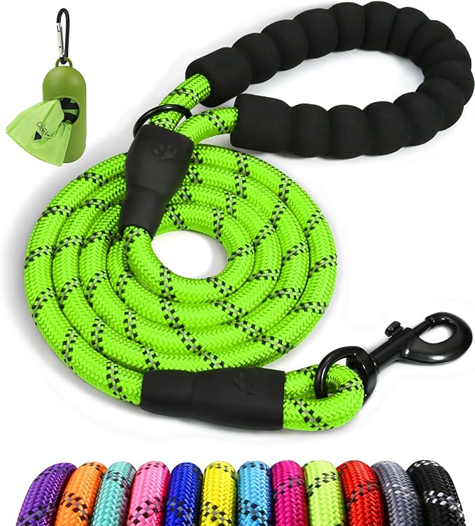 Taglory Rope Dog Leash 6 FT with Comfortable Padded Handle, Highly Reflective Threads Leash for Medium Large Dogs, 1/2 inch, Green