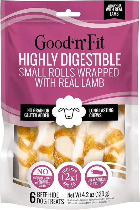 Good ‘n’ Fit Rolls Made with Real Lamb, 6 Small Rolls, Treat Your Dog to a Long-Lasting and Highly Digestible Rawhide Chew
