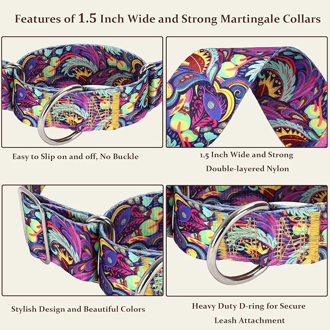 Martingale Dog Collar No-Pull Adjustable for Medium/Large Dogs - Heavy Duty 1.5" Wide Training Collar with Aztec Tribal Pattern, Durable Nylon Secure Fit (L)