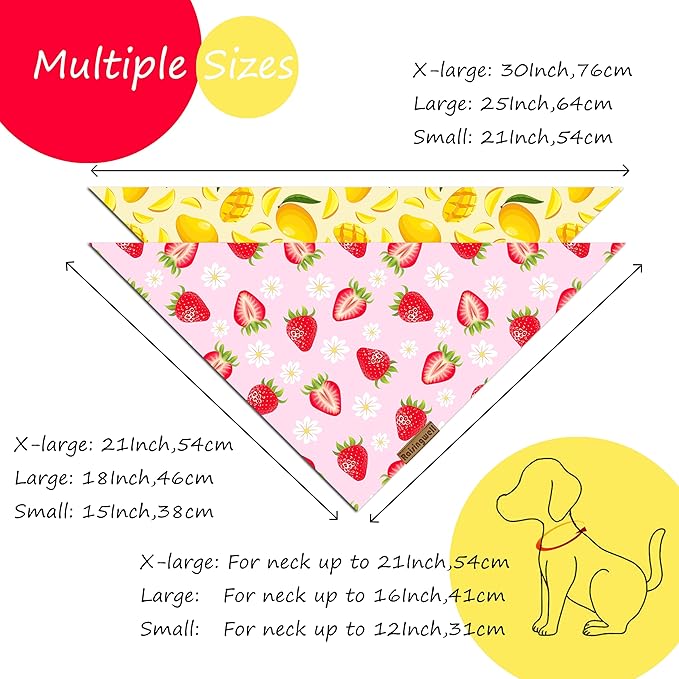 Summer Fruit Dog Bandanas 2 Pack 4 Pattern Reversible, Holiday Bandana for Boy and Girl, Premium Durable Fabric, Party Triangle Scarf for Small to Medium Breed Dogs(Small)