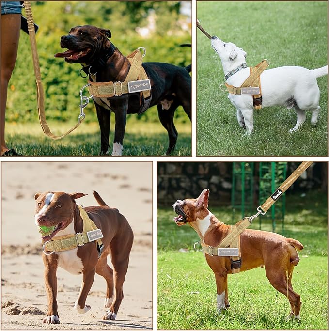SlowTon No Pull Dog Harness - Heavy Duty Dog Harness and Leash Set for Medium Large Dogs, Reflective Tactical Harness with Soft Padded and Front Clip for Easy Walk and Training (Tan S)