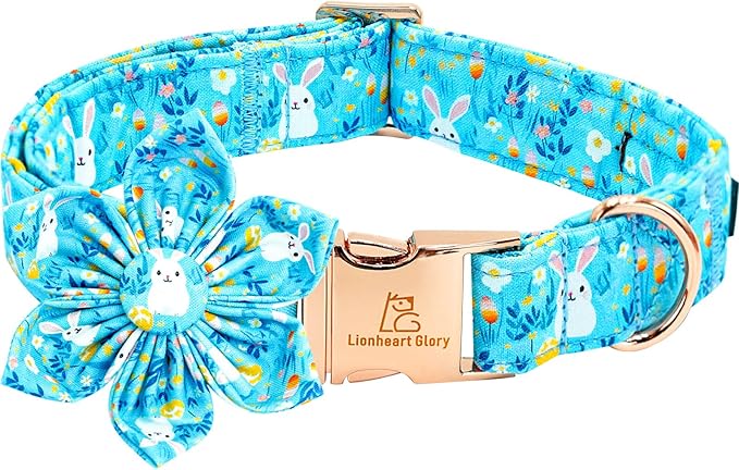 Lionheart glory Easter Day Dog Collar with Flower Dog Collar for X-Small Dogs, Easter Rabbits Colorful Pet Flower Collars Spring Bunnies Blue Collars Flowers
