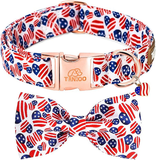 Tunkoo American Flag Dog Collar with Bow Tie Super Cute Heart, Adjustable and Stylish Pet Collar with Metal Buckle, Available in Small, Medium, Large L