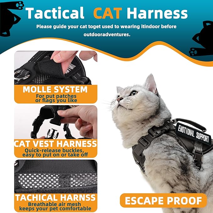 Tactical Cat Harness and Leash Black for Walking Esacpe Proof, Adjustable Soft Mesh Large Cat Vest with Handle Easy to Control,Molle Patches L