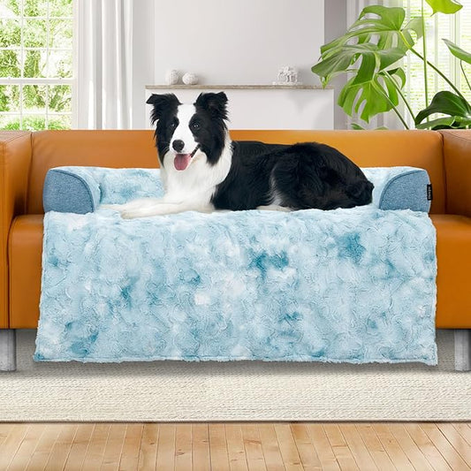 Calming Dog Couch Bed for Large Dog, 41 x 37 inch Waterproof Memory Foam Dog Bed for Couch, Durable Fluffy Fuzzy Dog Bed Mats with Washable Removable Cover Protector for Sofa, Tie-Dry Blue