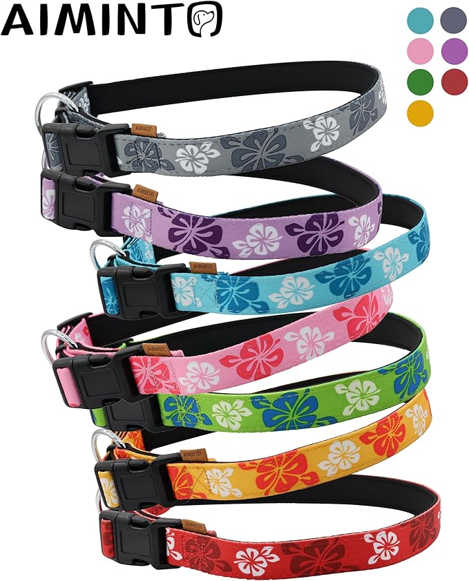 Dog Collar, Cute Floral Pattern, Neoprene Padded and Adjustable Collar with Quick Release Buckle, Reinforced Structure (L (Neck 18-28", Width 1"), Hawaiian Blue)