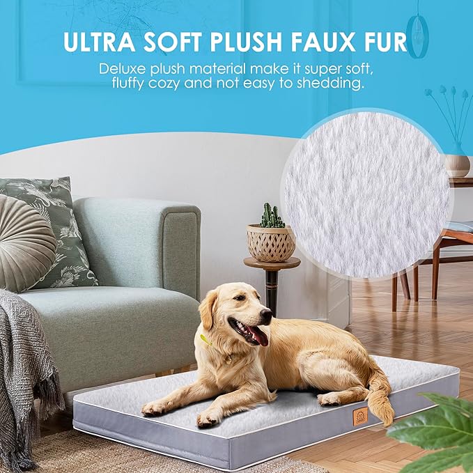 Orthopedic Dog Bed for Extra Large Dogs, Jumbo Waterproof Deluxe Plush Dog Crate Bed with Removable Washable Cover & Anti-Slip Bottom, Egg Crate Foam Pet Bed Mat, 47.5 x 29 Inches, Silver Grey