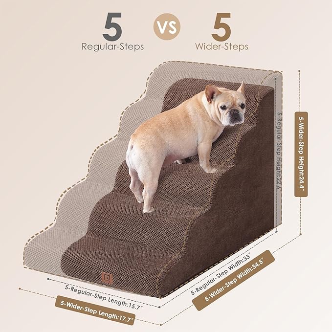 EHEYCIGA Curved Dog Stairs Ramp for High Beds, 5-Step Extra Wide Dog Steps for Small Dogs and Cats, Pet Stairs for High Bed Climbing, Non-Slip Balanced Pet Step Indoor, Brown