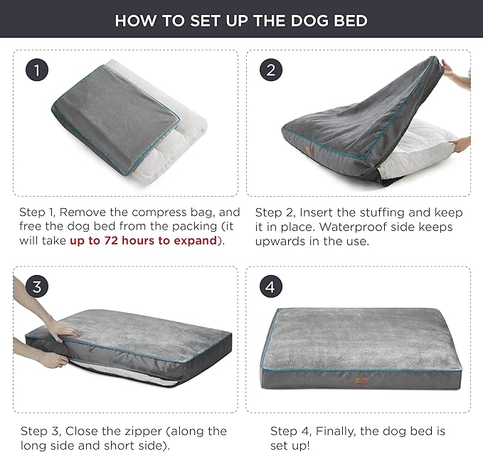 Bedsure Waterproof Dog Beds for Large Dogs - 4 Inch Thicken Up to 70lbs L-Crate Pet Mat Pillows with Removable Washable Cover, Grey