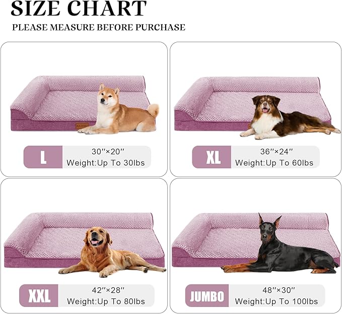 Orthopedic Jacquard XL Dog Bed for Large Dogs 42''X28'', Waterproof L Shaped Big Large Pet Sofa Bed with Washable Removable Cover, Non-Slip Soft Warm Comfortable Pet Couch Sleep Mat, Purple