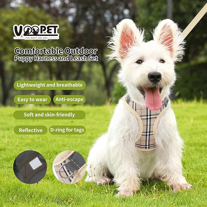 voopet Small Dog Harness and Leash Lightweight Cat Comfort Padded Soft Mesh Vest Step in Dog Harness No Pull No Choke Reflective Small Plaid Girl & Boy Puppy Kitty Walking Harness, Beige L