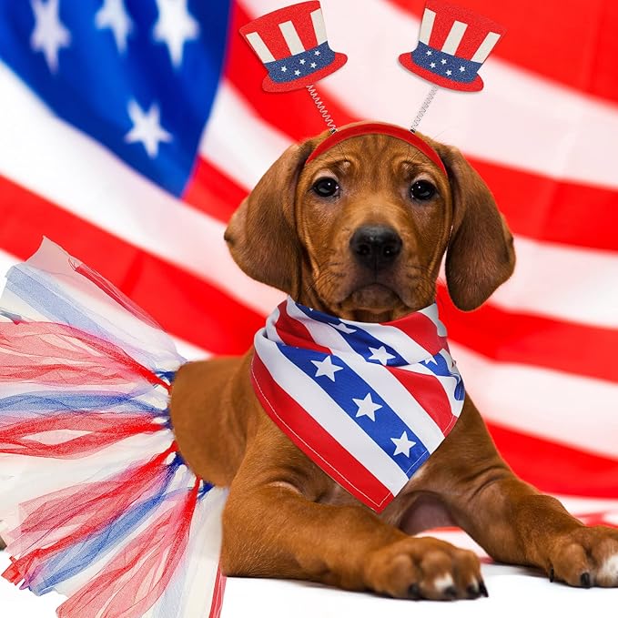 Silkfly 6 Pieces 4th of July Dog Costume Accessories Includes 4th of July Dog Bandanas Puppy Tulle Tutu and Dog Patriotic Headbands for Dogs Independence Day Fourth 4th of July Apparel Accessories