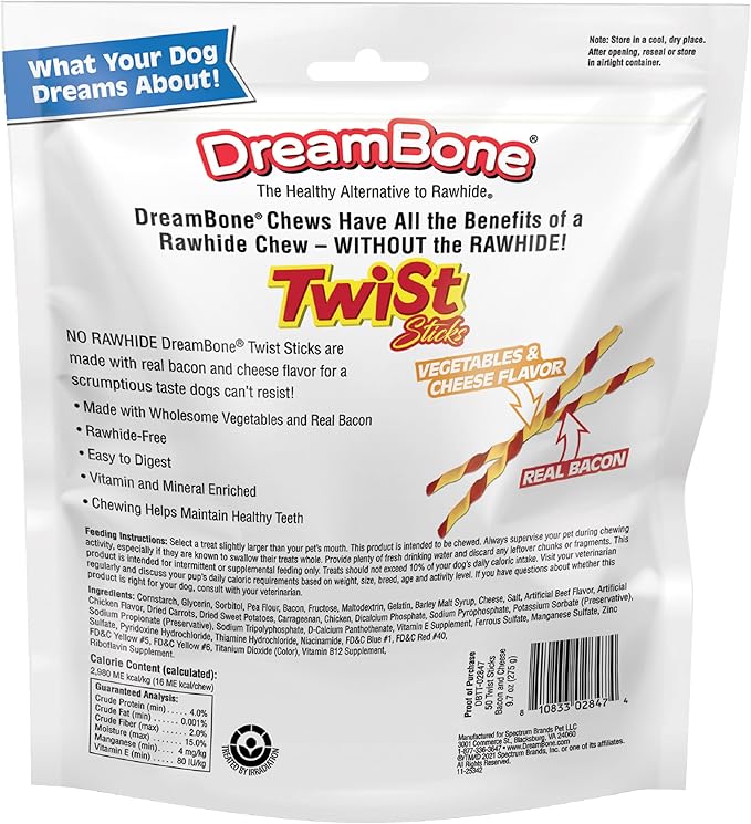 Dreambone Twist Sticks with Real Bacon and Cheese Flavor 50 Count, Rawhide-Free Chews for Dogs (3 Pack)