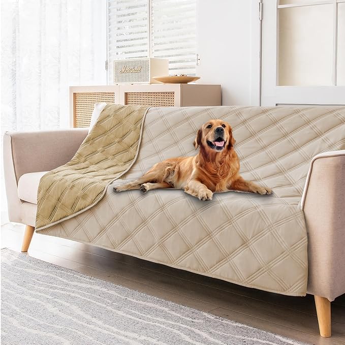 fuguitex Waterproof Dog Blanket Reversible for Small Dogs Resistant Leakproof Washable Couch Cushion Bed Protector Cover for Indoor Furniture Pet Friendly(68"*82",Beige+Taupe