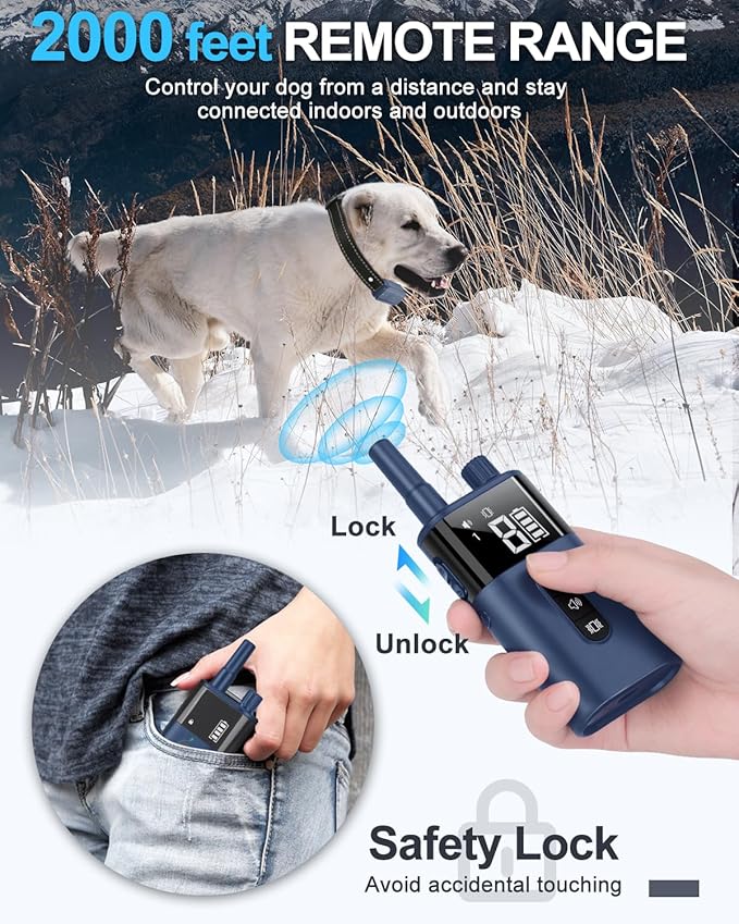 No Shock Dog Training Collar with Remote, Dog Vibration Collar with Controller Beep and Vibrate Only, Safe Lock Waterproof Rechargeable Vibrating Collars for Dogs(10-120 lbs)-No Prongs (Navy Blue)
