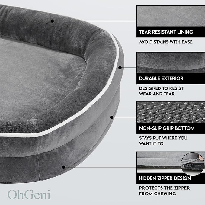 OhGeni Orthopedic Dog Couch Large Sized Pet Beds for Fathers Gifts with Comfort Foam Support, Soft Indestructible Fabric, Machine Washable Waterproof Removable Cover, 35-Inch (Gray)