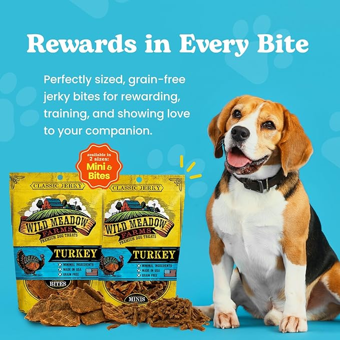 Wild Meadow Farms - Classic Turkey Bites, Soft Jerky Treats for Dogs, Grain-Free & All-Natural, Ideal for Training, Portioning, and High-Value Rewards for All Breeds & Ages - 3.5 Ounce Pouch