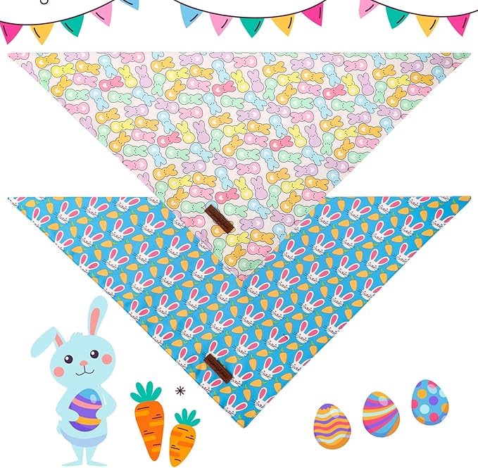 Unique Style Paws Dog Easter Bandanas 2Pcs Washable Cotton Triangle Colorful Rabbit Carrot Dog Scarfs for Small Medium Large Dogs and Cats