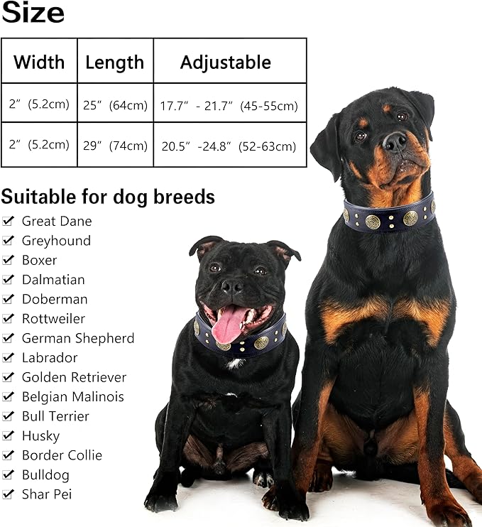 Leather Dog Collar for Medium Dogs, 2" Wide Durable Thick Strong Genuine Leather Spike Dog Collar with Metal Buckle, Padded Collar with Studded Design for Girl Boy Dogs (Black,M)