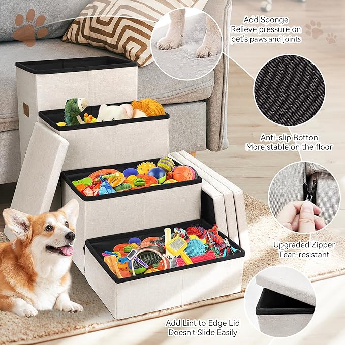 Dog Stairs with Condo 23" H, 4-Step Wider Folding Storage Pet Stairs Gift for Small/Medium/Large Old Dogs Cats, Dog Steps for High Beds Window, Ramp for Climbing Car Up to 200 lbs, Beige Gray