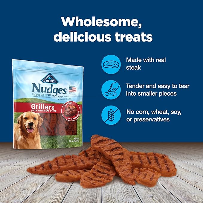 Blue Buffalo Nudges Grillers Natural Dog Treats, Made in the USA with Real Steak, 16-oz Bag