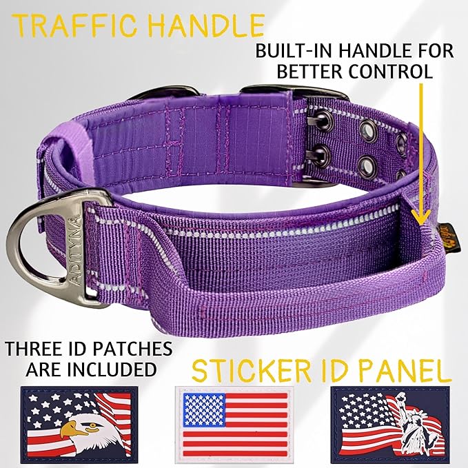 ADITYNA Heavy Duty Dog Collar for Extra-Large Dogs - Reflective Purple Collar with Handle for Training, and Walking - Wide, Thick, Tactical, Soft Neoprene Padded