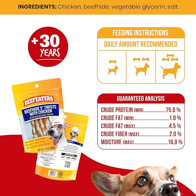 Beefeaters Beefhide 5in Twist with Real Chicken, 10oz – Protein-Rich Dog Treats for Clean Teeth, Ideal for Training & All Dog Sizes